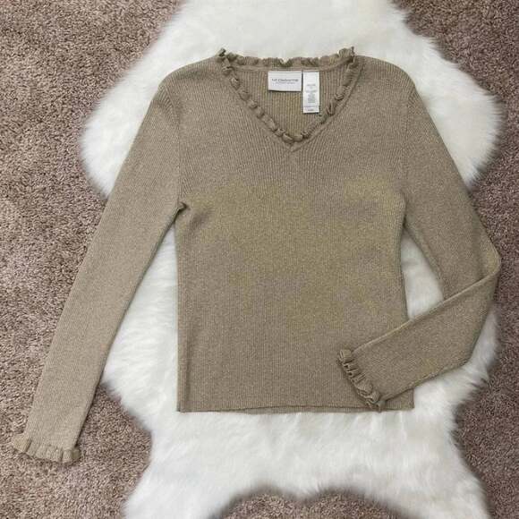 🌟 VTG Y2K Liz Claiborne Lizsport Petite Gold Shimmer Holiday Ruffle Sweater PS - Picture 6 of 13